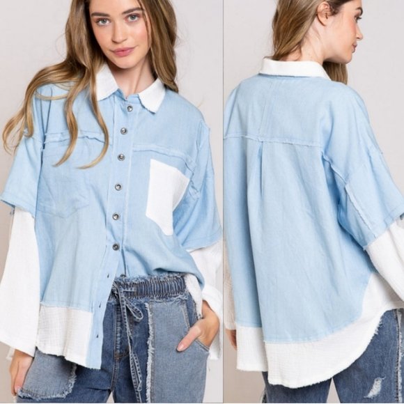 47193 POL Layered Chambray Shirt - Picture 2 of 4